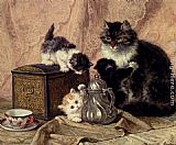 Kittens with Mussels And a Lobster Paintings - Teatime For Kittens by Henriette Ronner-Knip